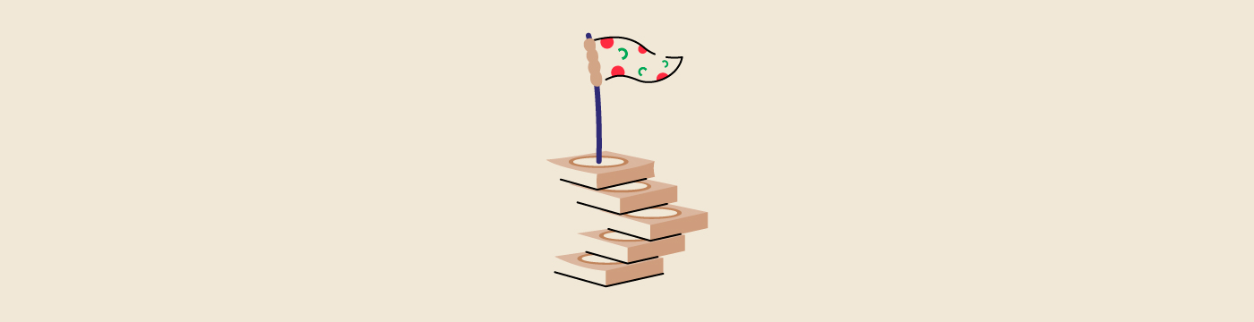 Illustration with a stack of pizza boxes with a pizza flag on top.