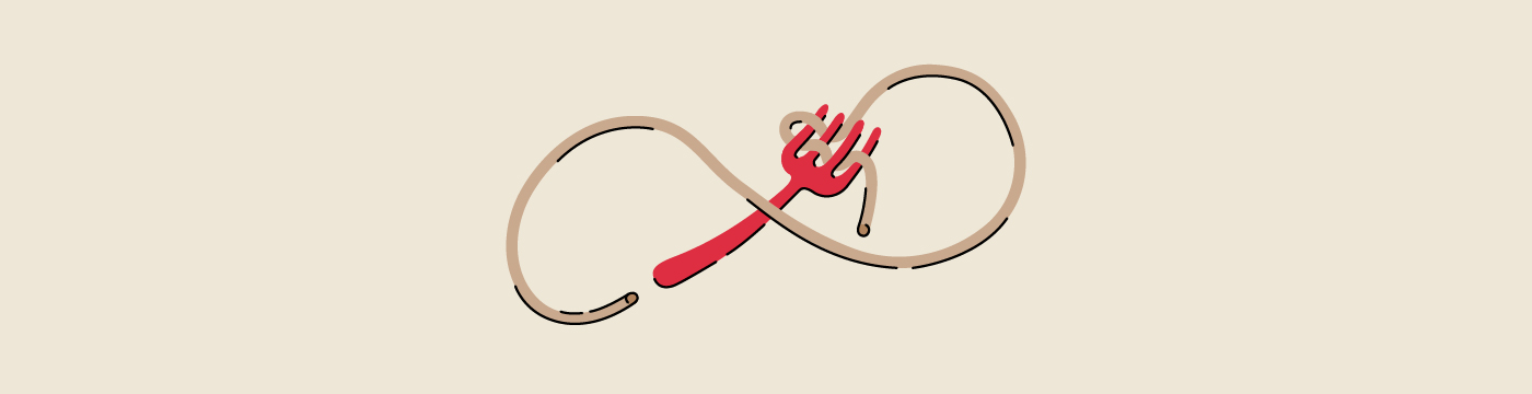 Red fork with spaghetti in a infinity shape around it