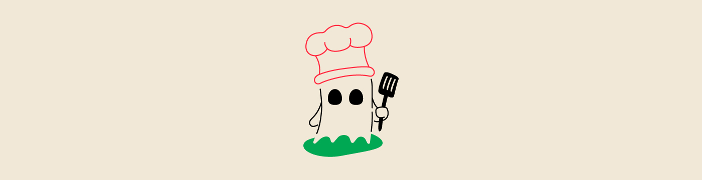 Line drawing of a ghost with a chefs hat and spatula