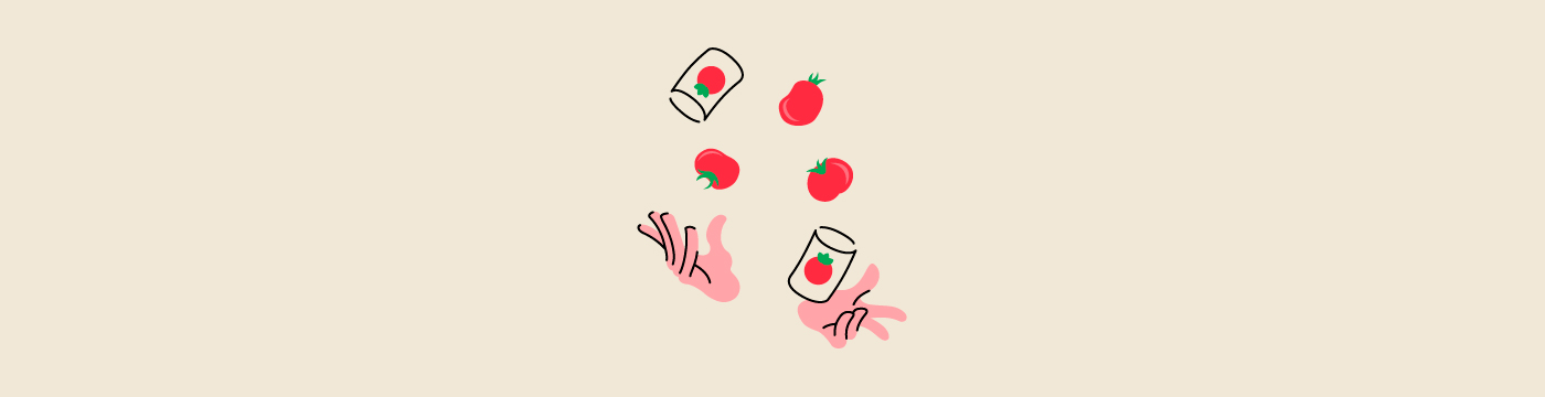 illustration of hands throwing cans and tomatoes in the air