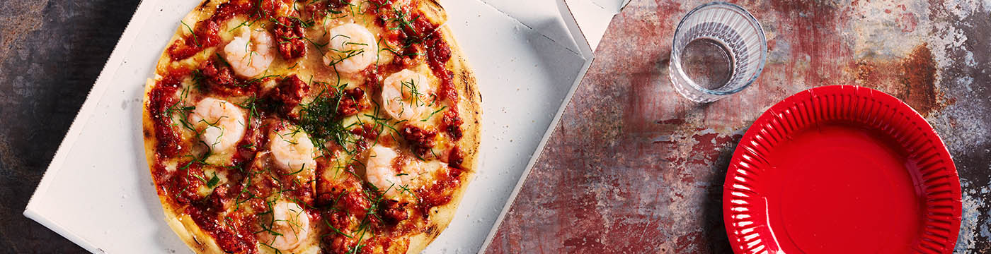 Prawn and Chorizo Pizza served in pizza box